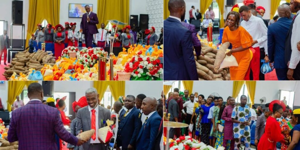 "A Beautiful Sunday to remember” – Pastor shares bags of rice and yams to members after church service (Photos)