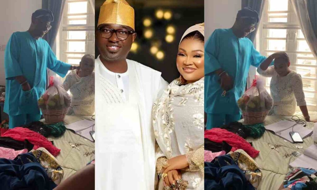 "The Best Hubby In The World"– Kazeem Adeoti Surprises His Wife Mercy Aigbe While On Movie Set With Bearing Of Fruits To Break Her Fasting (Watch The Lovely Moment)