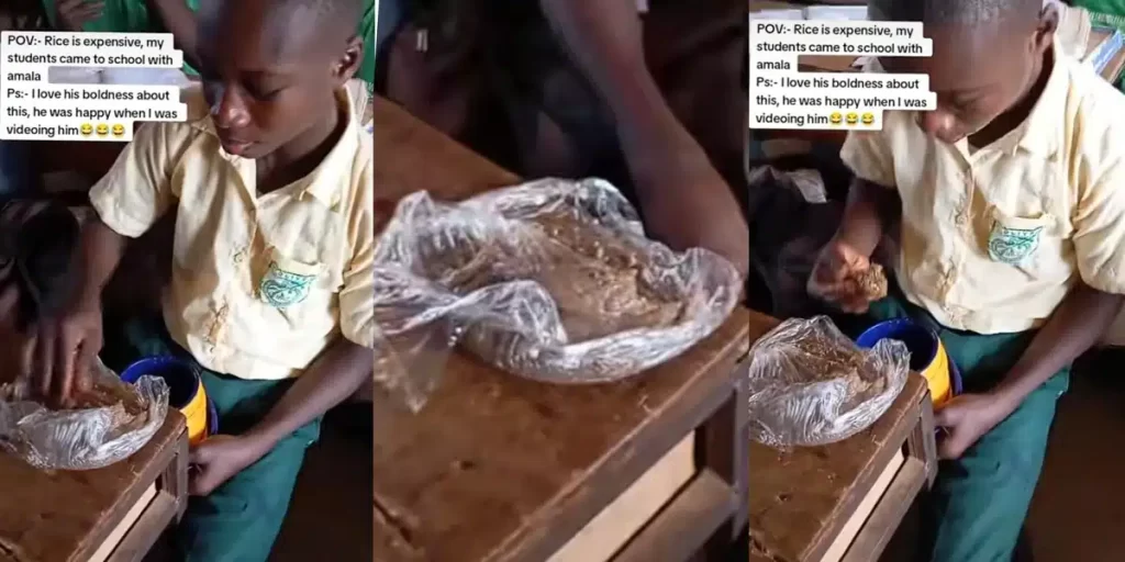 "Rice is expensive” – Nigerian student grabs attention as he takes Amala, soup to school over inability to afford rice