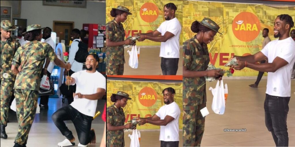 "This is so beautiful to watch” – Moment man surprises a female soldier with flower and money at the mall, video trends (Watch)