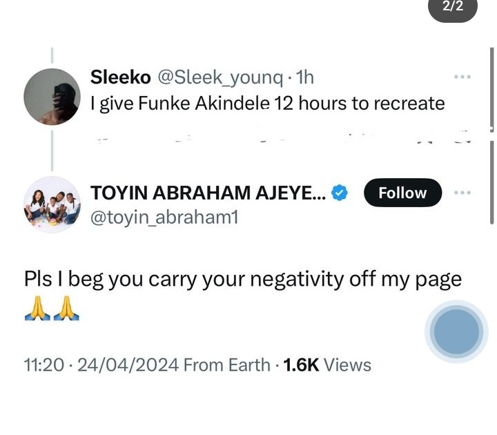 “Please I dont like trouuble, carry your negatiivity off my page” – Toyin Abraham draag fans over comments about Funke Akindele