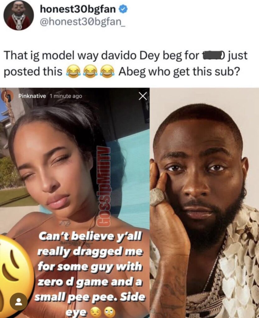 Davido’s ex-girlfriend Pinknative shade him for having a small ‘peeee-peeee’ and not being good in beeeeeed