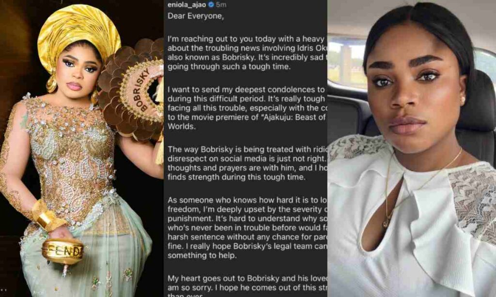 "I Know You're There Because Of Me"– Eniola Ajao Send Condolences Message To Bobrisky In Kirikiri Priison (Read)