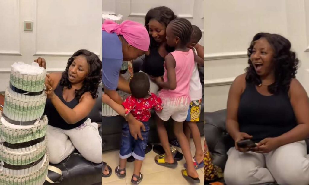 "This Huge Surprise For Me"– Actress Mide Martin Overjoyed As Her Children Surprise Her With A Gigantic Money Cake On Her Birthday (Video)