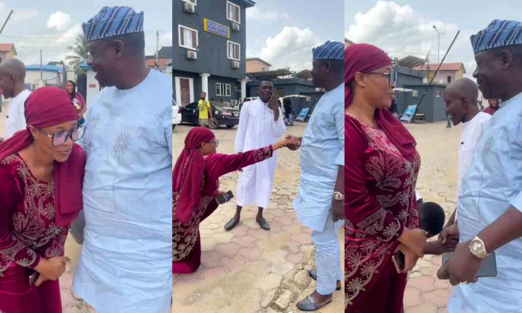 "She Is So Respectful"– Actress Kemi Korede Stirs Massive Reaction As She Goes on Her Kneels To Greet Veteran Actor Taiwo Hassan Ogogo On A Movie Set (Video)