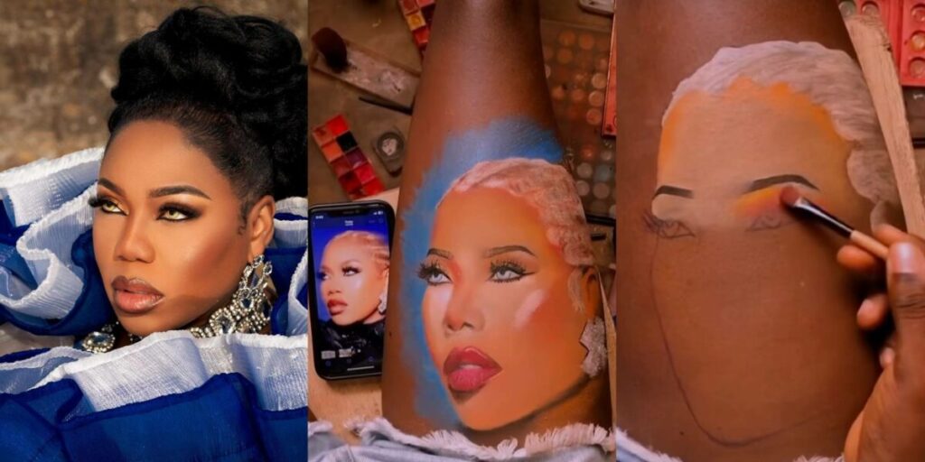 "This is pure talent"- Reactions as Artist uses makeup to paint image of Toyin Lawani on her lap, she reacts