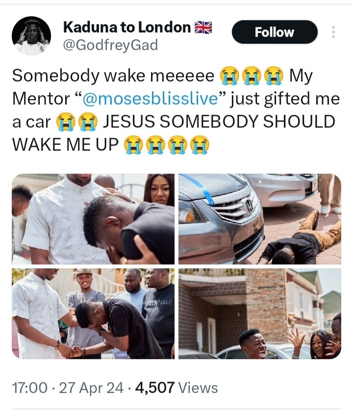 Music artist, Godfrey Gad overjoyed as Moses Bliss gifts him a car