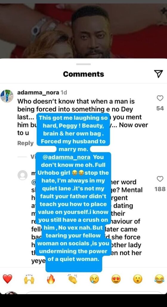 "I know many girl still have a crush on my husband"- Actress Peggy Ovire replies lady who accused her of forcing Frederick Leonard into marriage