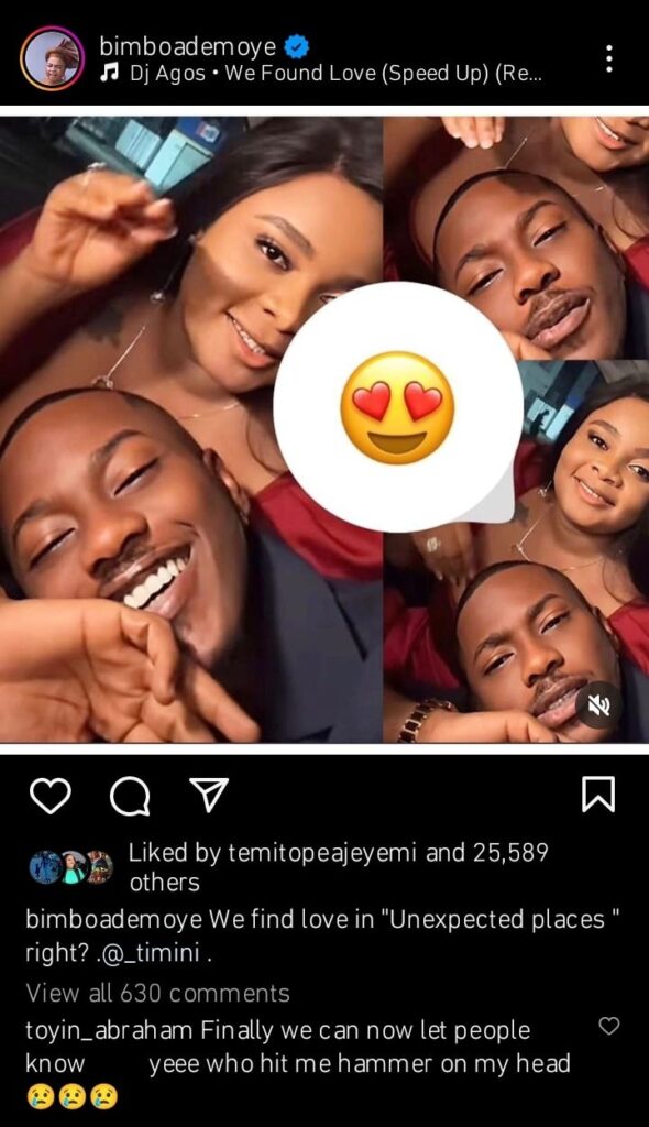 We find love in unexpected places” – Bimbo Ademoye writes as she shares loved-up photo with Timini, Toyin Abraham, others react