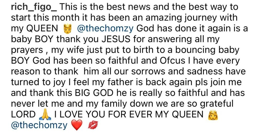 Congratulations pour as BBNaija Chomzy welcomes baby boy with husband