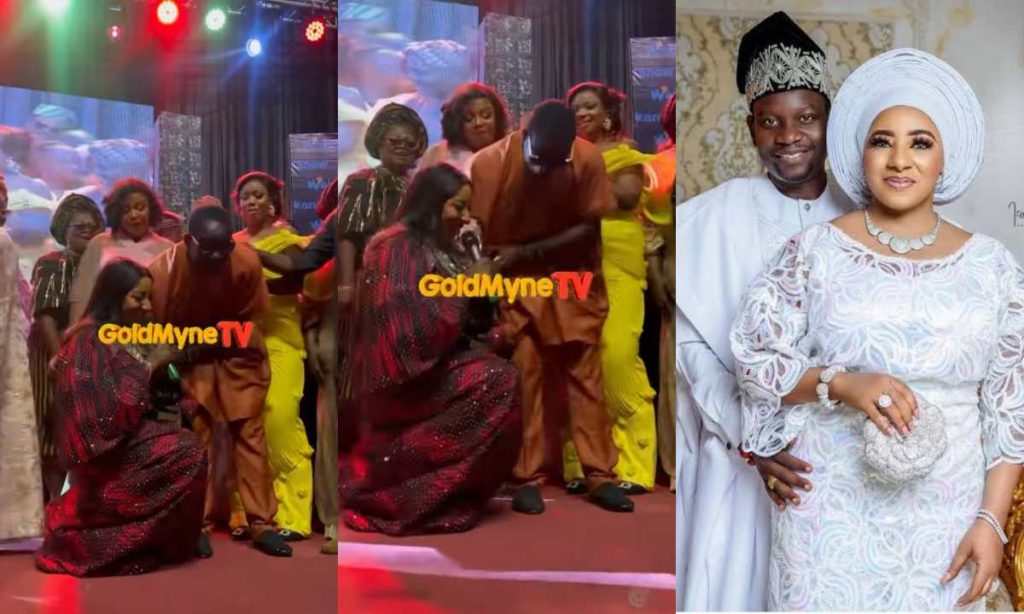 "Thank you for always standing beside me to encourage me” – Mide Martins got her husband,Afeez Owo crying as she kneels to appreciate him as she bags Best Actress award (Video)