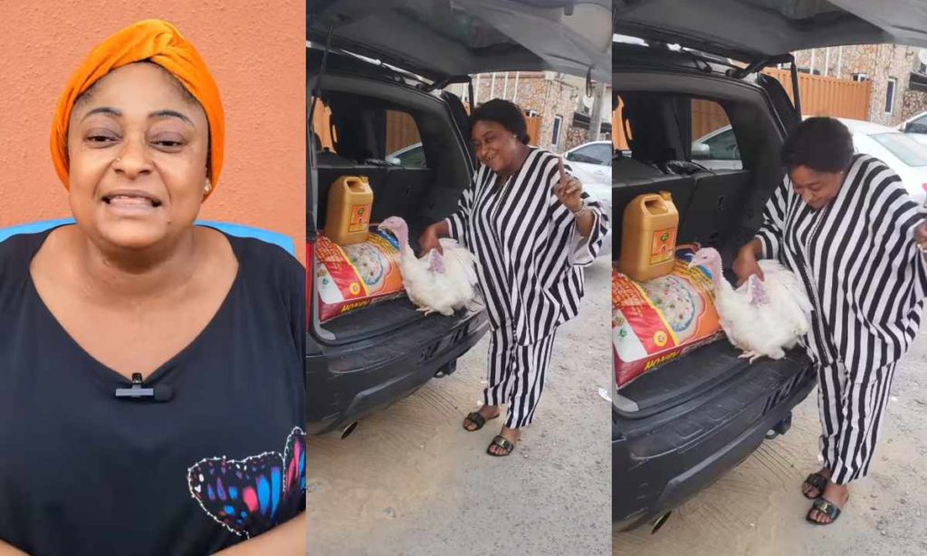 "Christmas Don Set, God Bless You"- Ronke Oshodi Oke Dance Of Joy As She Receives Bag Of Rice, Turkey From Fans