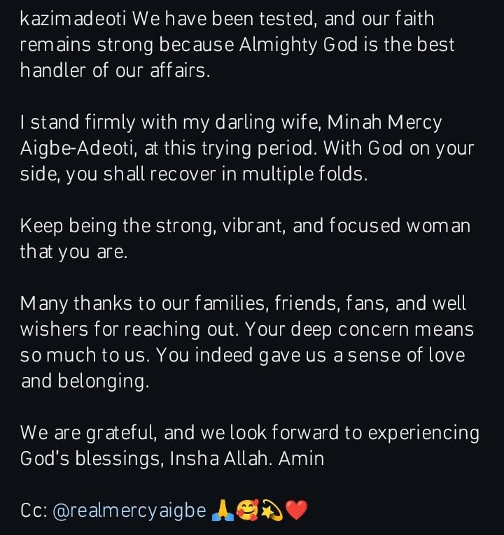 "I Stand Firmly With My Daring Wife Minah At This Trying Period"- Mercy Aigbe Husband Kazim Adeoti Comforts Her, Ignore His First Wife Fans